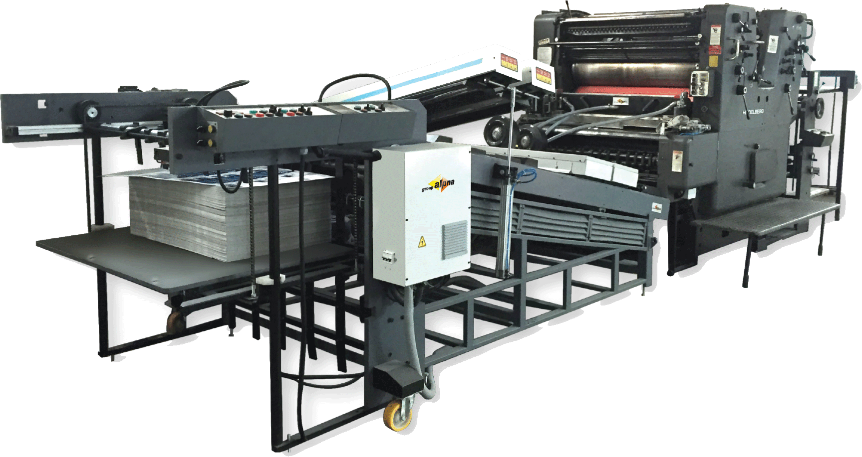 precision industrial coating station for offset press, stainless steel rollers, detailed engineering