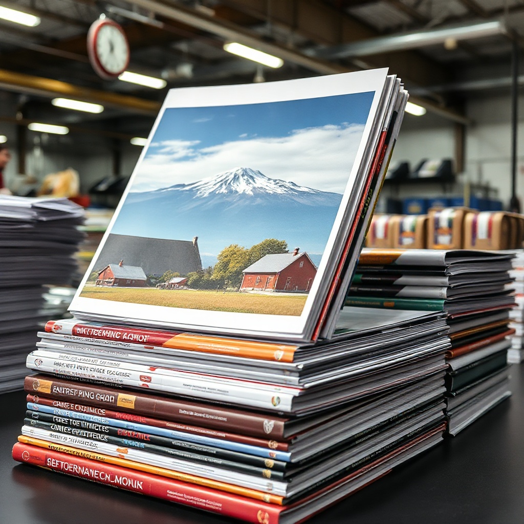 commercial printing brochures and catalogs stacked, vibrant colors, industrial print shop