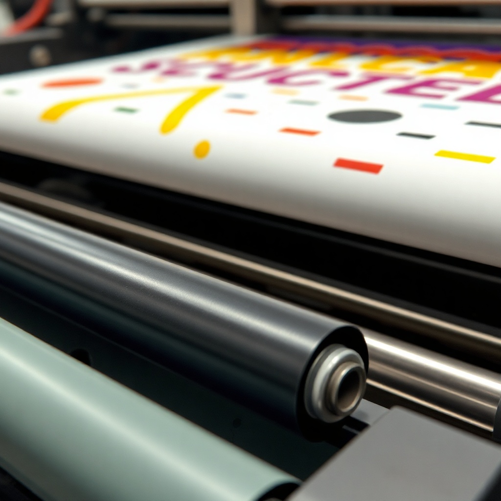 offset printing machine rollers with cyan magenta yellow black ink, close up