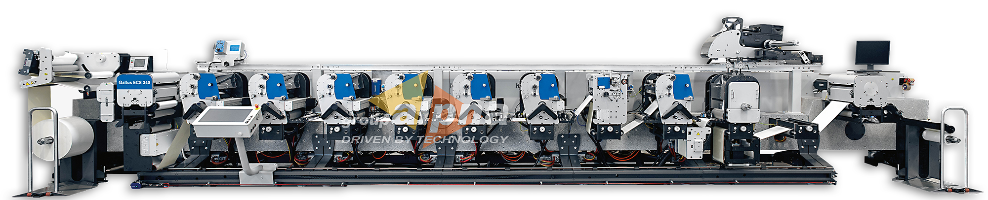 large complex industrial printing press system, multi-deck offset press, high-end metallic finish
